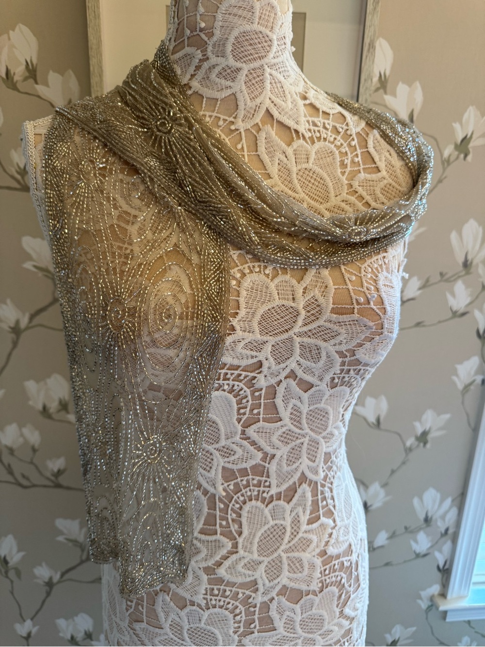 Ralph Lauren Purple Label silver Beaded Metallic Scarf Wrap